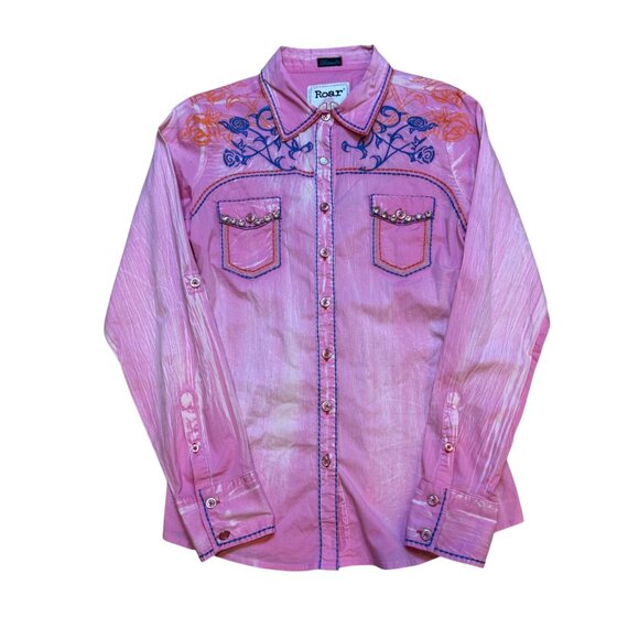 Y2K Roar Womens Pink Western Shirt M Embroidered Long Sleeve Button-Up - Picture 1 of 9